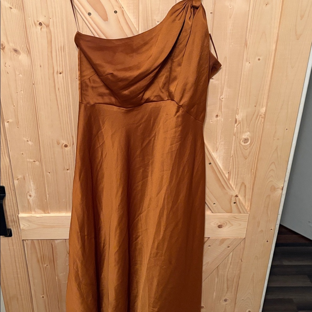 Just Taylor Satin Brown Rust One Shoulder Knot Halter Slip Midi Dress